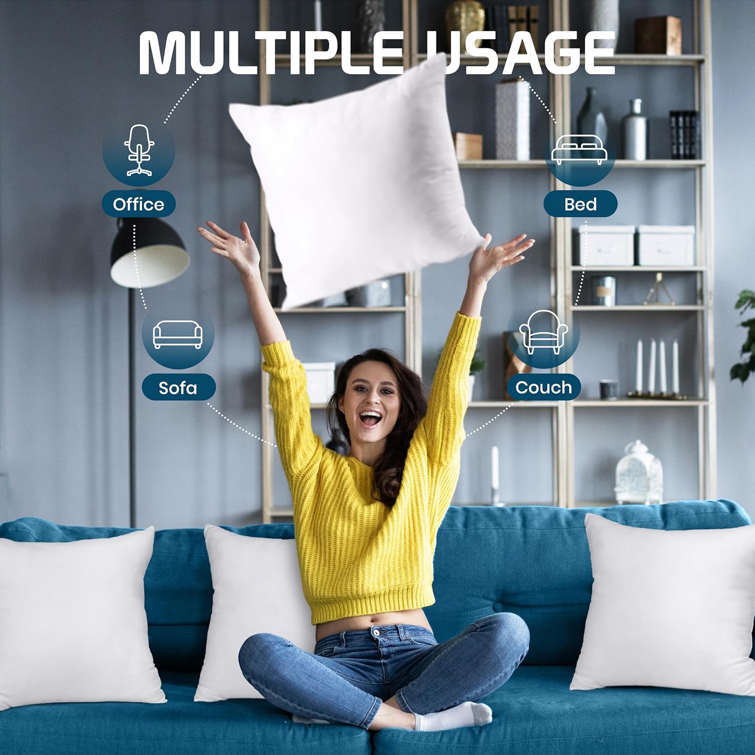 Decorative cushions (set of 4, white), 50 x 50 cm, for sofa, bed and chair